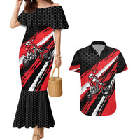 Custom Dirt Bike Couples Matching Mermaid Dress and Hawaiian Shirt Motocross Rider Red Black Hex Pattern and Racing Number - Wonder Print Shop