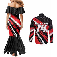 Custom Dirt Bike Couples Matching Mermaid Dress and Long Sleeve Button Shirt Motocross Rider Red Black Hex Pattern and Racing Number - Wonder Print Shop
