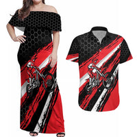 Custom Dirt Bike Couples Matching Off Shoulder Maxi Dress and Hawaiian Shirt Motocross Rider Red Black Hex Pattern and Racing Number - Wonder Print Shop