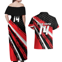 Custom Dirt Bike Couples Matching Off Shoulder Maxi Dress and Hawaiian Shirt Motocross Rider Red Black Hex Pattern and Racing Number - Wonder Print Shop