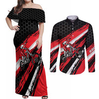Custom Dirt Bike Couples Matching Off Shoulder Maxi Dress and Long Sleeve Button Shirt Motocross Rider Red Black Hex Pattern and Racing Number - Wonder Print Shop