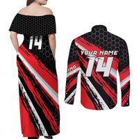 Custom Dirt Bike Couples Matching Off Shoulder Maxi Dress and Long Sleeve Button Shirt Motocross Rider Red Black Hex Pattern and Racing Number - Wonder Print Shop