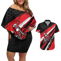 Custom Dirt Bike Couples Matching Off Shoulder Short Dress and Hawaiian Shirt Motocross Rider Red Black Hex Pattern and Racing Number - Wonder Print Shop