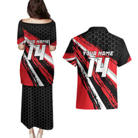 Custom Dirt Bike Couples Matching Puletasi and Hawaiian Shirt Motocross Rider Red Black Hex Pattern and Racing Number - Wonder Print Shop