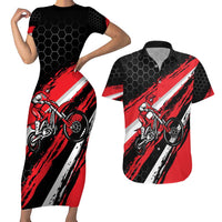 Custom Dirt Bike Couples Matching Short Sleeve Bodycon Dress and Hawaiian Shirt Motocross Rider Red Black Hex Pattern and Racing Number - Wonder Print Shop