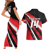 Custom Dirt Bike Couples Matching Short Sleeve Bodycon Dress and Hawaiian Shirt Motocross Rider Red Black Hex Pattern and Racing Number - Wonder Print Shop