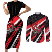 Custom Dirt Bike Couples Matching Short Sleeve Bodycon Dress and Long Sleeve Button Shirt Motocross Rider Red Black Hex Pattern and Racing Number - Wonder Print Shop