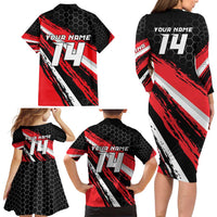 Custom Dirt Bike Family Matching Long Sleeve Bodycon Dress and Hawaiian Shirt Motocross Rider Red Black Hex Pattern and Racing Number - Wonder Print Shop