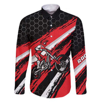 Custom Dirt Bike Family Matching Long Sleeve Bodycon Dress and Hawaiian Shirt Motocross Rider Red Black Hex Pattern and Racing Number - Wonder Print Shop
