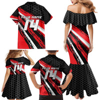 Custom Dirt Bike Family Matching Mermaid Dress and Hawaiian Shirt Motocross Rider Red Black Hex Pattern and Racing Number - Wonder Print Shop