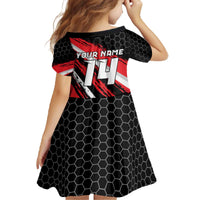 Custom Dirt Bike Family Matching Off The Shoulder Long Sleeve Dress and Hawaiian Shirt Motocross Rider Red Black Hex Pattern and Racing Number - Wonder Print Shop
