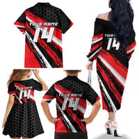 Custom Dirt Bike Family Matching Off The Shoulder Long Sleeve Dress and Hawaiian Shirt Motocross Rider Red Black Hex Pattern and Racing Number - Wonder Print Shop