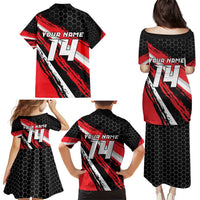 Custom Dirt Bike Family Matching Puletasi and Hawaiian Shirt Motocross Rider Red Black Hex Pattern and Racing Number - Wonder Print Shop
