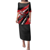 Custom Dirt Bike Family Matching Puletasi and Hawaiian Shirt Motocross Rider Red Black Hex Pattern and Racing Number - Wonder Print Shop