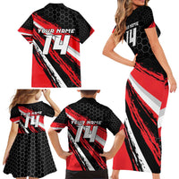 Custom Dirt Bike Family Matching Short Sleeve Bodycon Dress and Hawaiian Shirt Motocross Rider Red Black Hex Pattern and Racing Number - Wonder Print Shop