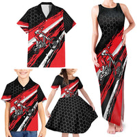 Custom Dirt Bike Family Matching Tank Maxi Dress and Hawaiian Shirt Motocross Rider Red Black Hex Pattern and Racing Number - Wonder Print Shop