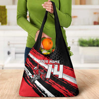 Custom Dirt Bike Grocery Bag Motocross Rider Red Black Hex Pattern and Racing Number - Wonder Print Shop