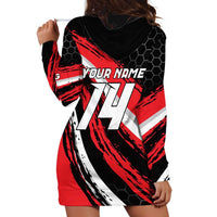 Custom Dirt Bike Hoodie Dress Motocross Rider Red Black Hex Pattern and Racing Number - Wonder Print Shop