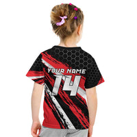 Custom Dirt Bike Kid T Shirt Motocross Rider Red Black Hex Pattern and Racing Number - Wonder Print Shop