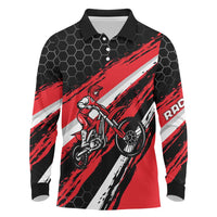 Custom Dirt Bike Long Sleeve Polo Shirt Motocross Rider Red Black Hex Pattern and Racing Number - Wonder Print Shop