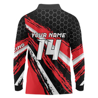 Custom Dirt Bike Long Sleeve Polo Shirt Motocross Rider Red Black Hex Pattern and Racing Number - Wonder Print Shop