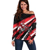 Custom Dirt Bike Off Shoulder Sweater Motocross Rider Red Black Hex Pattern and Racing Number - Wonder Print Shop