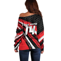 Custom Dirt Bike Off Shoulder Sweater Motocross Rider Red Black Hex Pattern and Racing Number - Wonder Print Shop