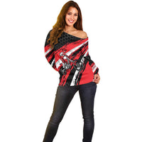 Custom Dirt Bike Off Shoulder Sweater Motocross Rider Red Black Hex Pattern and Racing Number - Wonder Print Shop