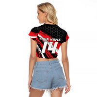 Custom Dirt Bike Raglan Cropped T Shirt Motocross Rider Red Black Hex Pattern and Racing Number - Wonder Print Shop