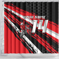 Custom Dirt Bike Shower Curtain Motocross Rider Red Black Hex Pattern and Racing Number - Wonder Print Shop