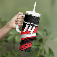 Custom Dirt Bike Tumbler With Handle Motocross Rider Red Black Hex Pattern and Racing Number - Wonder Print Shop