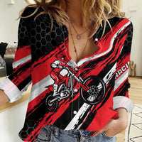 Custom Dirt Bike Women Casual Shirt Motocross Rider Red Black Hex Pattern and Racing Number - Wonder Print Shop