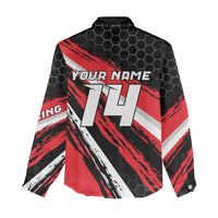 Custom Dirt Bike Women Casual Shirt Motocross Rider Red Black Hex Pattern and Racing Number - Wonder Print Shop