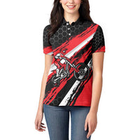 Custom Dirt Bike Women Polo Shirt Motocross Rider Red Black Hex Pattern and Racing Number - Wonder Print Shop
