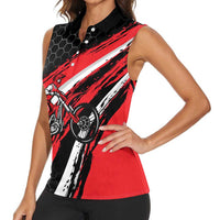 Custom Dirt Bike Women Sleeveless Polo Shirt Motocross Rider Red Black Hex Pattern and Racing Number - Wonder Print Shop
