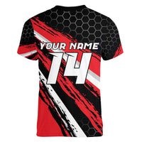 Custom Dirt Bike Women V-Neck T-Shirt Motocross Rider Red Black Hex Pattern and Racing Number - Wonder Print Shop