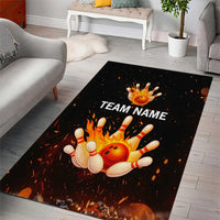 Flaming Bowling Ball Design Area Rug with Strike Pins and Glowing Fire Sparks on Dark Background - Wonder Print Shop