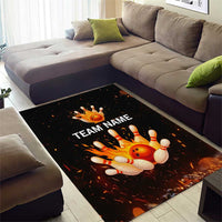Flaming Bowling Ball Design Area Rug with Strike Pins and Glowing Fire Sparks on Dark Background - Wonder Print Shop