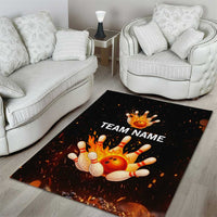 Flaming Bowling Ball Design Area Rug with Strike Pins and Glowing Fire Sparks on Dark Background - Wonder Print Shop