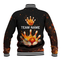 Flaming Bowling Ball Design Baseball Jacket with Strike Pins and Glowing Fire Sparks on Dark Background - Wonder Print Shop