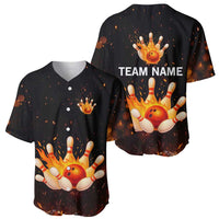 Flaming Bowling Ball Design Baseball Jersey with Strike Pins and Glowing Fire Sparks on Dark Background - Wonder Print Shop