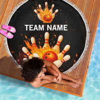 Flaming Bowling Ball Design Beach Blanket with Strike Pins and Glowing Fire Sparks on Dark Background - Wonder Print Shop