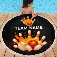 Flaming Bowling Ball Design Beach Blanket with Strike Pins and Glowing Fire Sparks on Dark Background - Wonder Print Shop