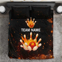 Flaming Bowling Ball Design Bedding Set with Strike Pins and Glowing Fire Sparks on Dark Background - Wonder Print Shop