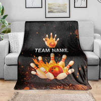 Flaming Bowling Ball Design Blanket with Strike Pins and Glowing Fire Sparks on Dark Background - Wonder Print Shop