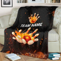 Flaming Bowling Ball Design Blanket with Strike Pins and Glowing Fire Sparks on Dark Background - Wonder Print Shop