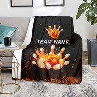 Flaming Bowling Ball Design Blanket with Strike Pins and Glowing Fire Sparks on Dark Background - Wonder Print Shop
