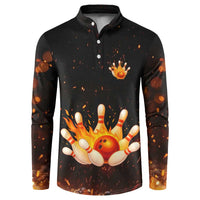 Flaming Bowling Ball Design Button Sweatshirt with Strike Pins and Glowing Fire Sparks on Dark Background - Wonder Print Shop