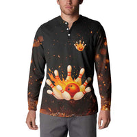 Flaming Bowling Ball Design Button Sweatshirt with Strike Pins and Glowing Fire Sparks on Dark Background - Wonder Print Shop