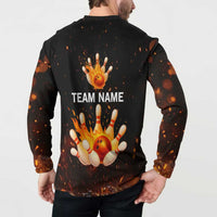 Flaming Bowling Ball Design Button Sweatshirt with Strike Pins and Glowing Fire Sparks on Dark Background - Wonder Print Shop